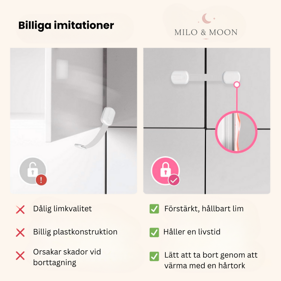 Milo & Moon – Osynlig säkerhet – barnsäkra skåp- och låssäkringar (8 stycken)
