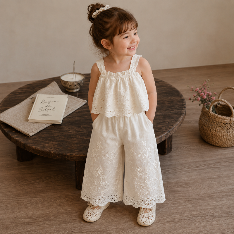 TinyLuxe – Sommarset med spetströja och byxor med vida ben