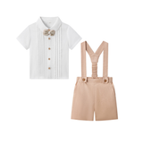LittleDandy – Klassiskt & elegant – Bomullsshorts med hängslen, rosett & skjorta