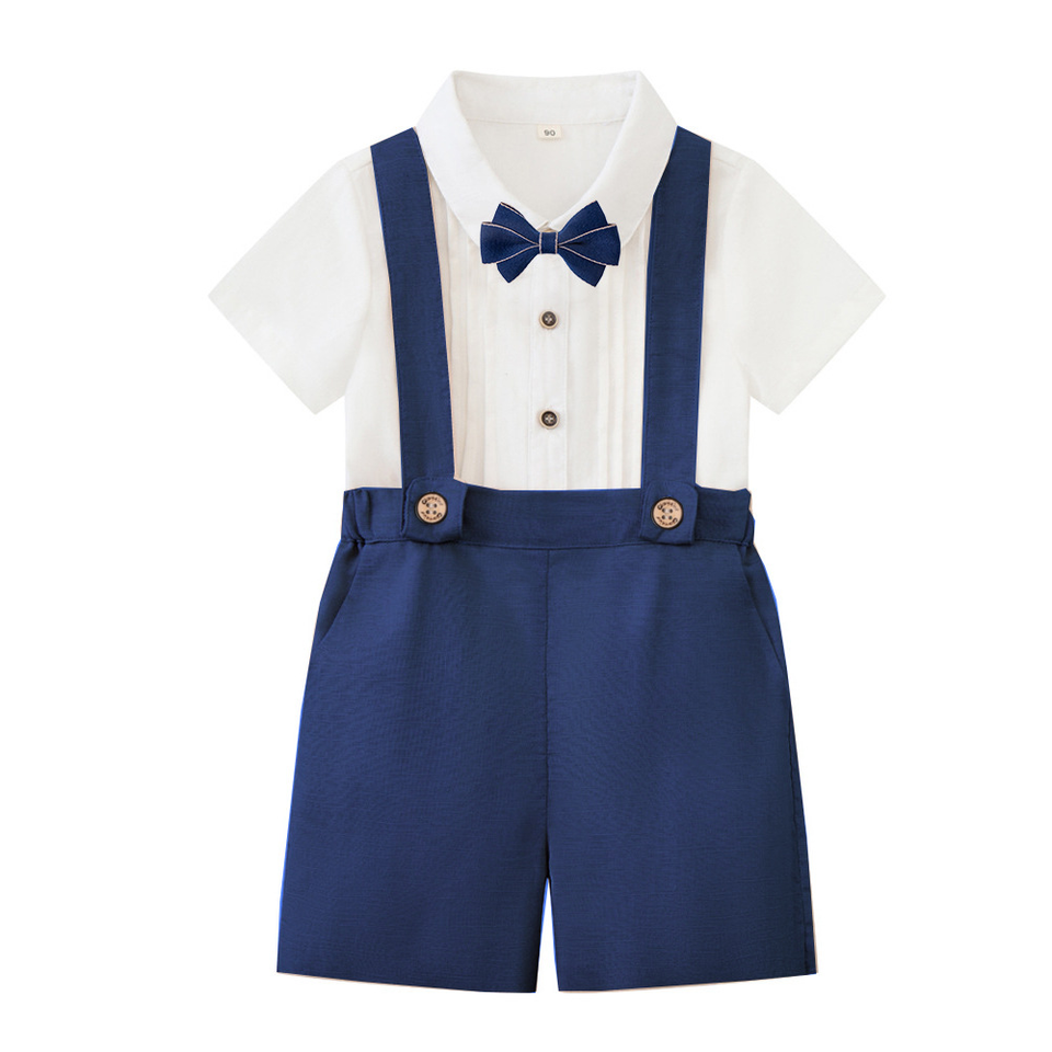 LittleDandy – Klassiskt & elegant – Bomullsshorts med hängslen, rosett & skjorta