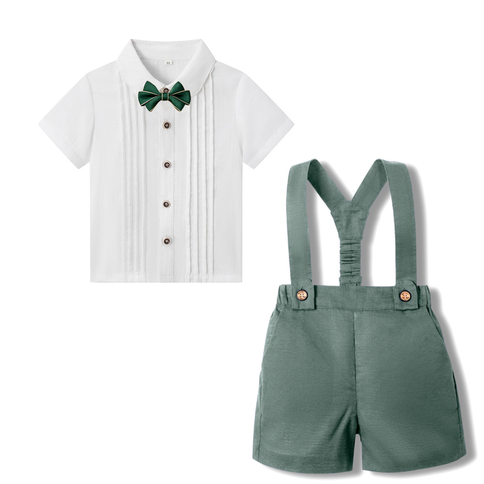 LittleDandy – Klassiskt & elegant – Bomullsshorts med hängslen, rosett & skjorta