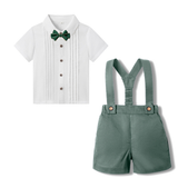 LittleDandy – Klassiskt & elegant – Bomullsshorts med hängslen, rosett & skjorta