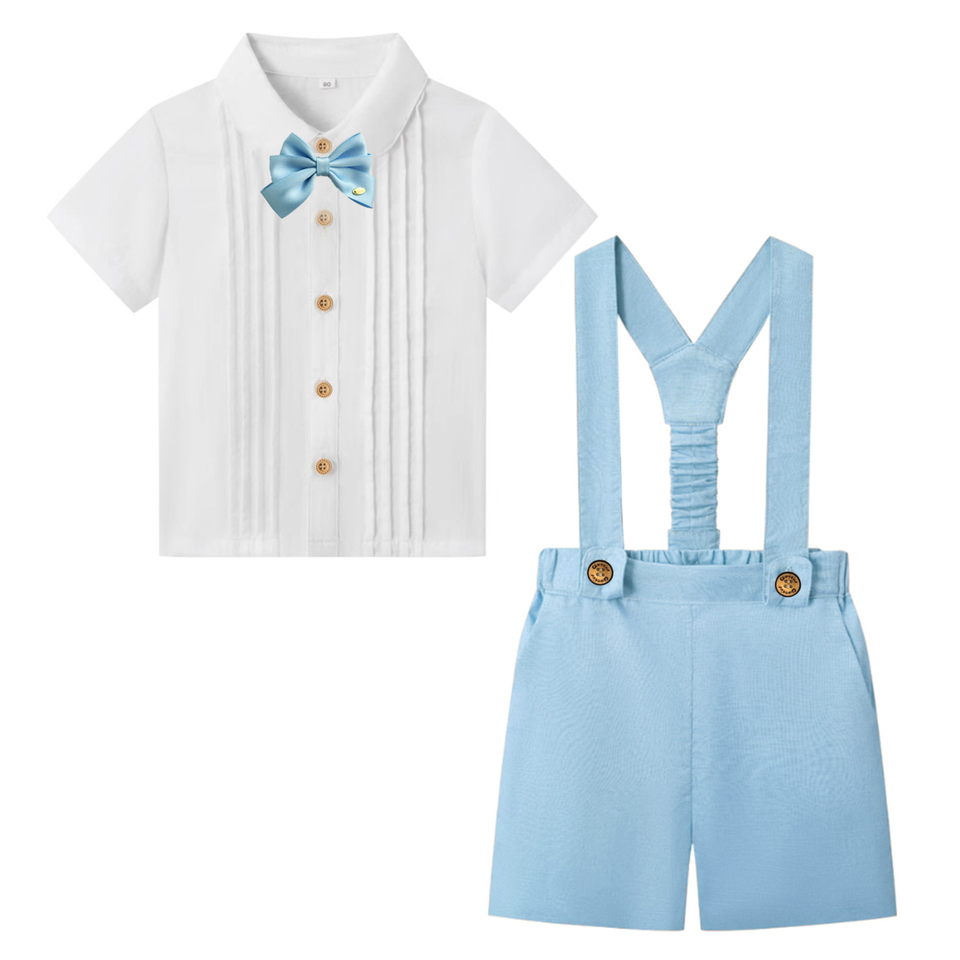 LittleDandy – Klassiskt & elegant – Bomullsshorts med hängslen, rosett & skjorta