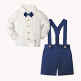 LittleDandy – Klassiskt & elegant – Bomullsshorts med hängslen, rosett & skjorta