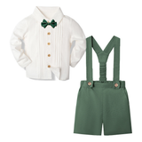 LittleDandy – Klassiskt & elegant – Bomullsshorts med hängslen, rosett & skjorta