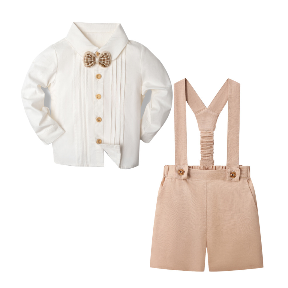 LittleDandy – Klassiskt & elegant – Bomullsshorts med hängslen, rosett & skjorta