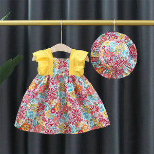 Mini Fashion™ - Söt blommig design - Flickklänning med hatt