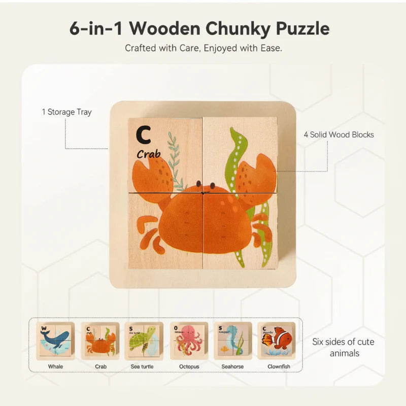 WoodMind – Kreativt och lärorikt – 6-i-1 Montessori djurpussel i trä