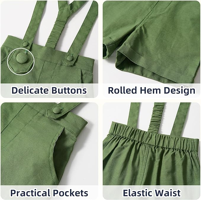 LittleDandy – Klassiskt & elegant – Bomullsshorts med hängslen, rosett & skjorta